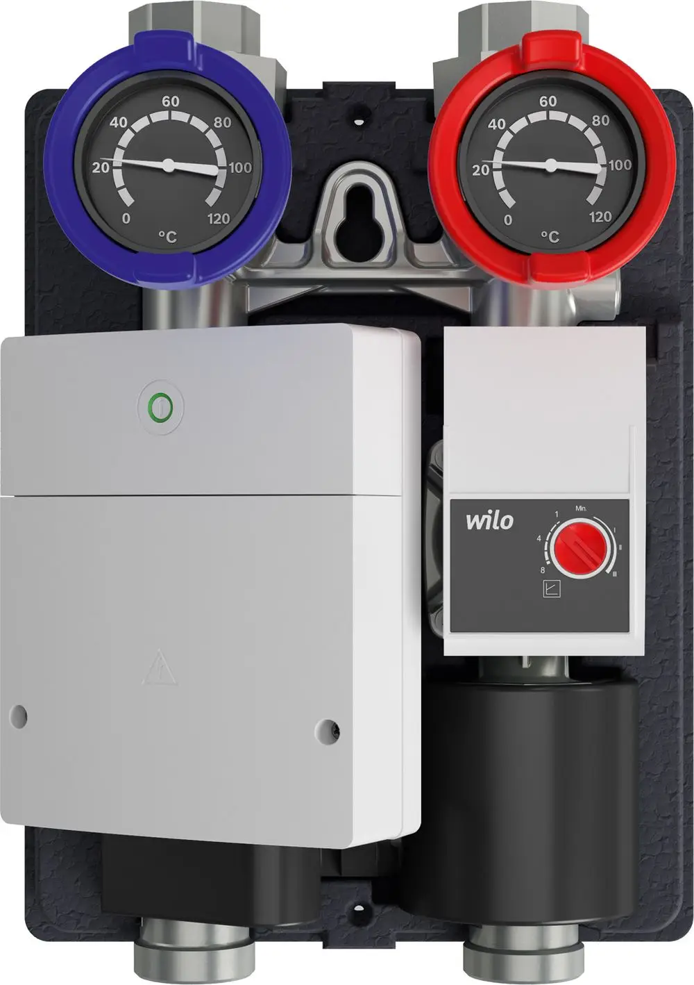 Heizkreisseit mit zwei Temperaturanzeigen und einer Steuerungseinheit. Wilo-Pumpe integriert. Geeignet für Heizsysteminstallationen. Bosch-Logo sichtbar.